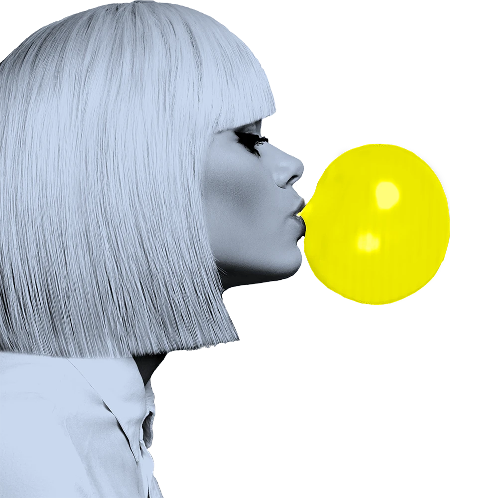 Woman blowing a yellow bubble